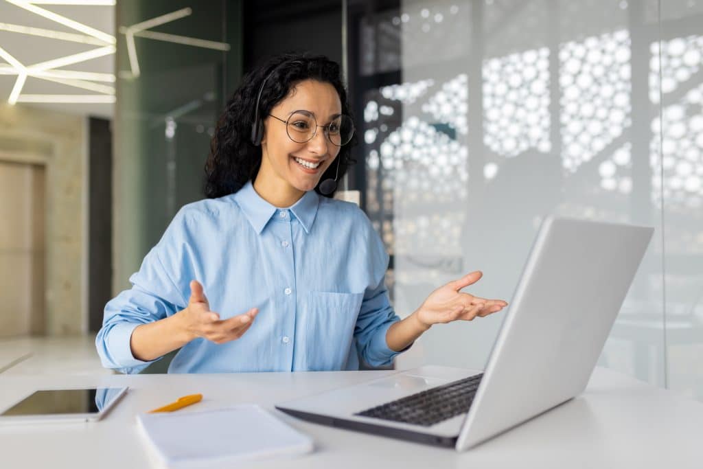 Smiling woman doing mock residency interview